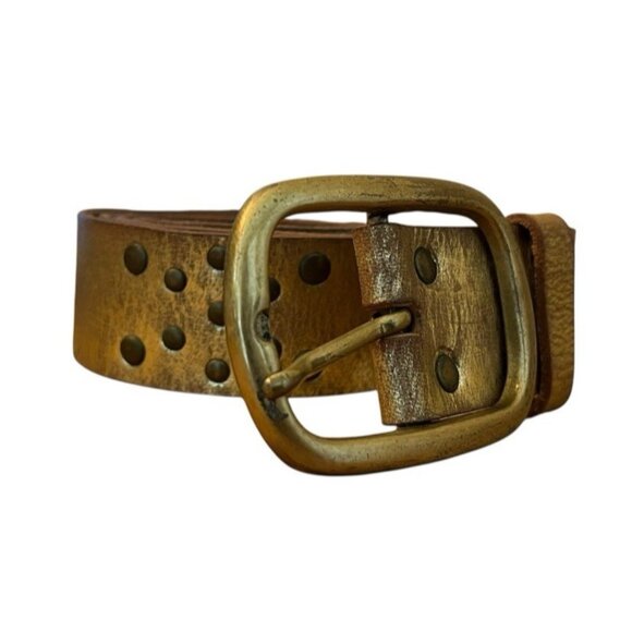 Womens XXL Leather Studded Metallic Brushed Gold Studs Solid Brass Buckle India - Picture 1 of 9